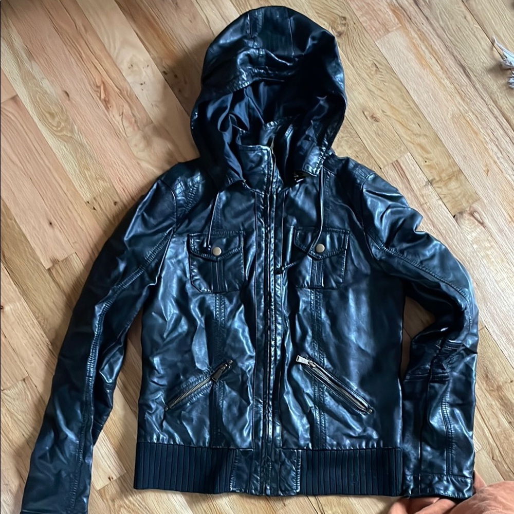 Women's Vegan Leather Black Hooded Jacket